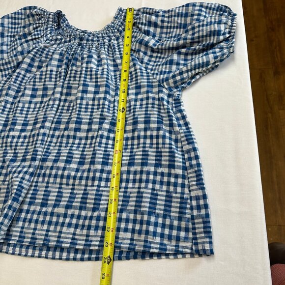 Apiece Apart Blue Plaid Gingham Puff Sleeve Top Size Large Ikat Blouse Cottage - Picture 10 of 11